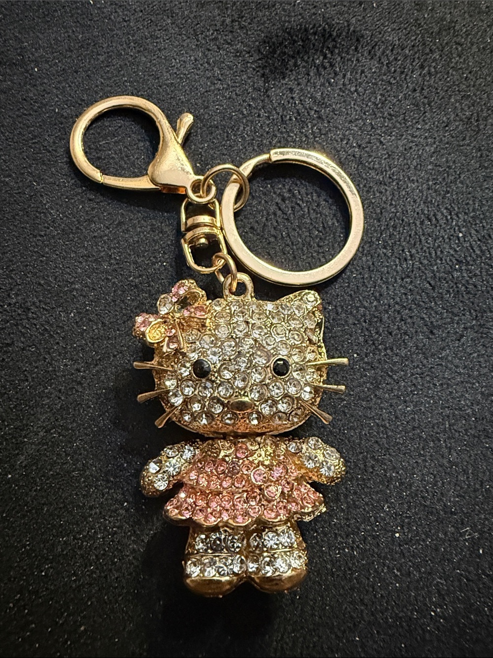 Gold Crystal Kitty Keychain with Pink Dress